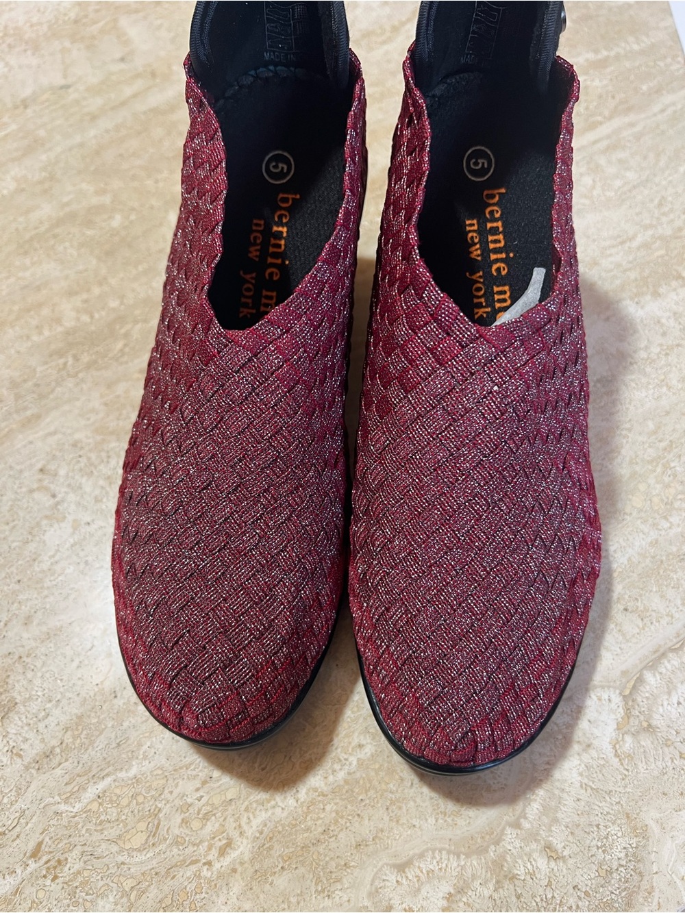 Bernie Mev Metallic Woven Slip-On Flats in Wine Red